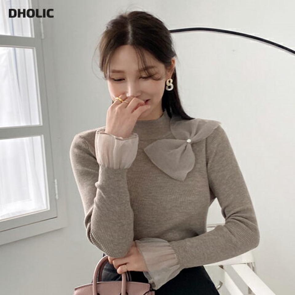ビッグリボンハーフネックニット・全2色・b00541 レディース 【tops】トップス ハーフネック りぼん リボン ガーリー 可愛い かわいい 襟コン 袖コン 透け感 シアー シースルー フェミニン 大人 秋 冬 韓国ファッション ハイホリHIHOLLI