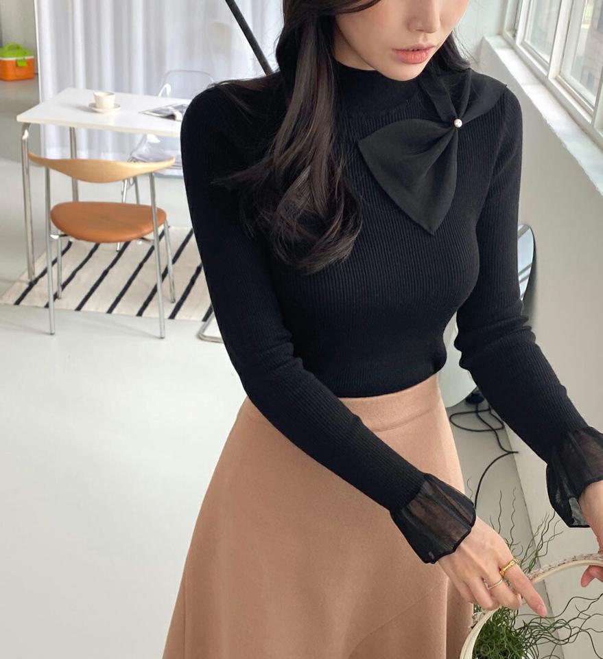 ビッグリボンハーフネックニット・全2色・b00541 レディース 【tops】トップス ハーフネック りぼん リボン ガーリー 可愛い かわいい 襟コン 袖コン 透け感 シアー シースルー フェミニン 大人 秋 冬 韓国ファッション ハイホリHIHOLLI