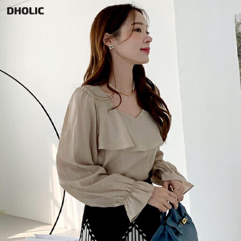 リンクルフリルブラウス・全3色・00540 レディース 【bl】トップス ブラウス 長袖 リンクル フリル フェミニン 単色 シンプル 上品 きれいめ オフィスカジュアル 秋 冬 韓国ファッション ハイホリHIHOLLI