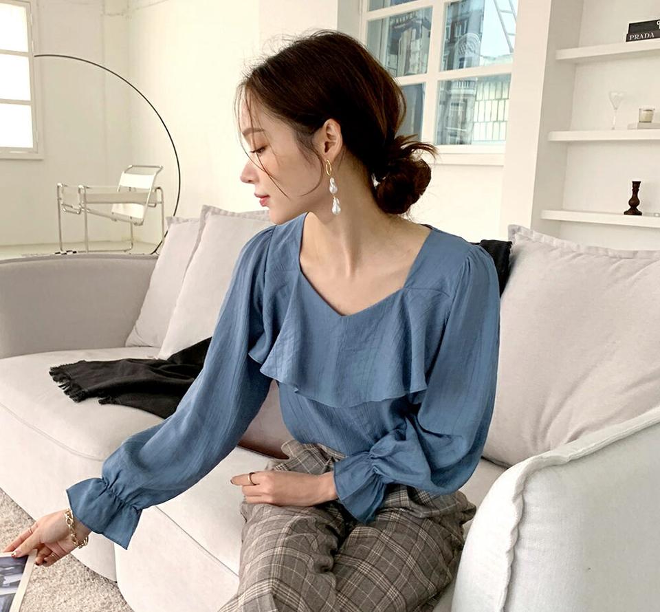 リンクルフリルブラウス・全3色・00540 レディース 【bl】トップス ブラウス 長袖 リンクル フリル フェミニン 単色 シンプル 上品 きれいめ オフィスカジュアル 秋 冬 韓国ファッション ハイホリHIHOLLI