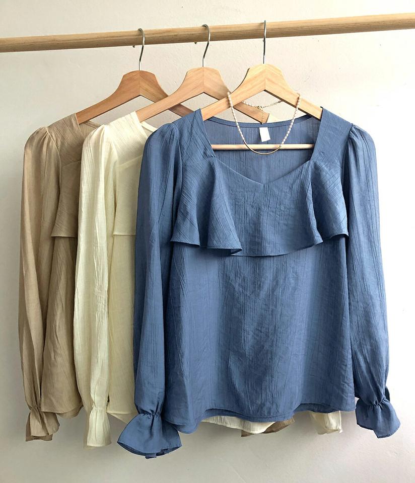 リンクルフリルブラウス・全3色・00540 レディース 【bl】トップス ブラウス 長袖 リンクル フリル フェミニン 単色 シンプル 上品 きれいめ オフィスカジュアル 秋 冬 韓国ファッション ハイホリHIHOLLI