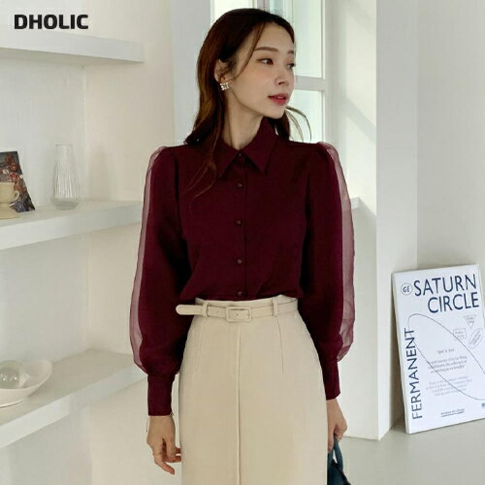 シースルーパフスリーブブラウス・全3色・b00550 レディース 【bl】トップス ブラウス 長袖 フェミニン 透け感 シアー シースルー パフ袖 パフスリーブ 大人 ユニーク 単色 オフィスカジュアル 秋 冬 韓国ファッション ハイホリHIHOLLI