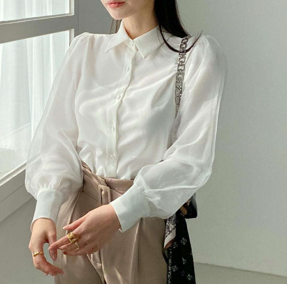 シースルーパフスリーブブラウス・全3色・b00550 レディース 【bl】トップス ブラウス 長袖 フェミニン 透け感 シアー シースルー パフ袖 パフスリーブ 大人 ユニーク 単色 オフィスカジュアル 秋 冬 韓国ファッション ハイホリHIHOLLI