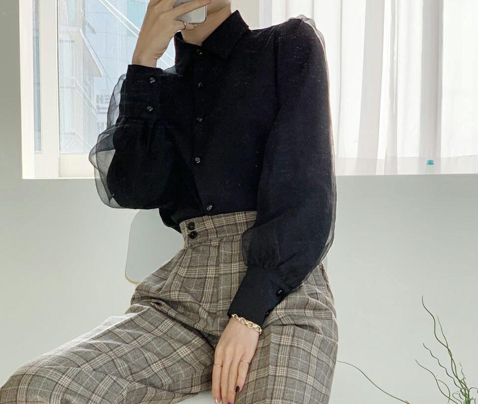 シースルーパフスリーブブラウス・全3色・b00550 レディース 【bl】トップス ブラウス 長袖 フェミニン 透け感 シアー シースルー パフ袖 パフスリーブ 大人 ユニーク 単色 オフィスカジュアル 秋 冬 韓国ファッション ハイホリHIHOLLI