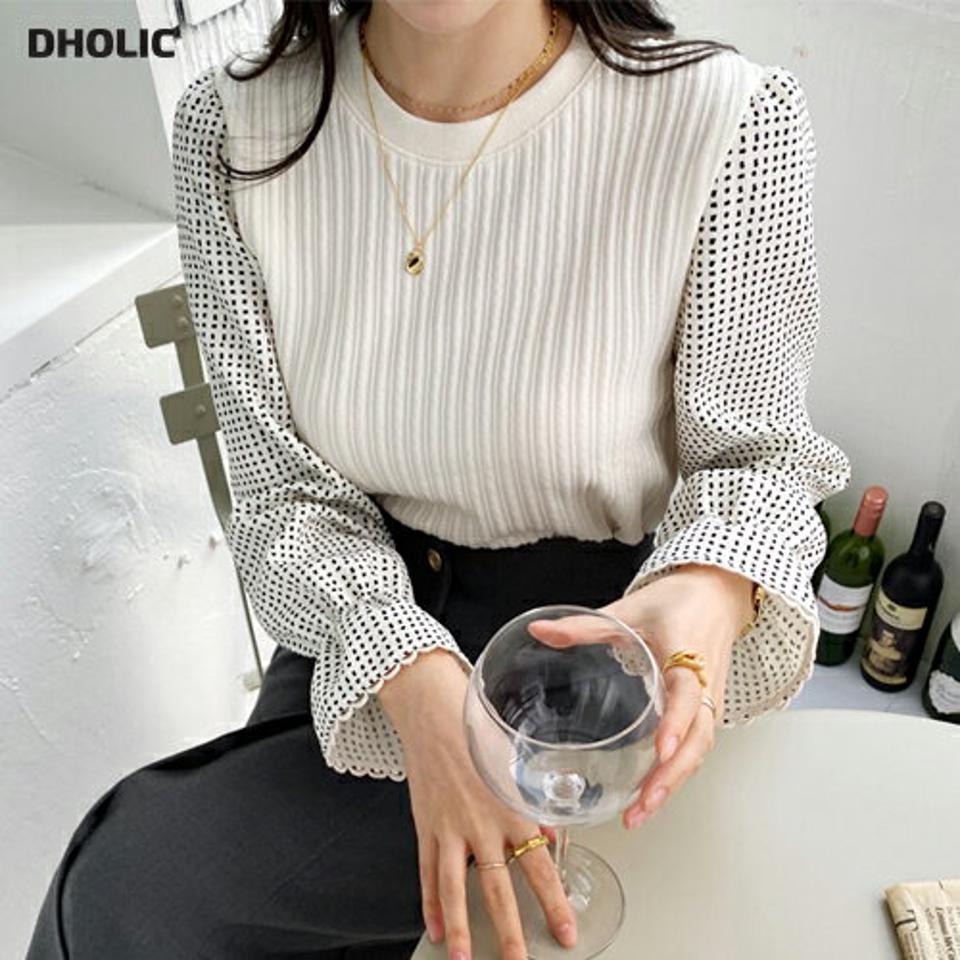 ドットスリーブニット・全3色・t00544 レディース 【tops】トップス ニット 長袖 ドット柄 かわいい 可愛い カジュアル ニットトップス 異素材 レイヤード風 秋 冬 韓国ファッション ハイホリHIHOLLI