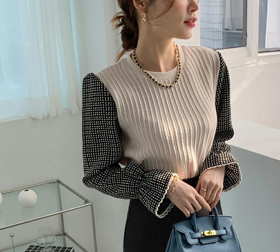 ドットスリーブニット・全3色・t00544 レディース 【tops】トップス ニット 長袖 ドット柄 かわいい 可愛い カジュアル ニットトップス 異素材 レイヤード風 秋 冬 韓国ファッション ハイホリHIHOLLI