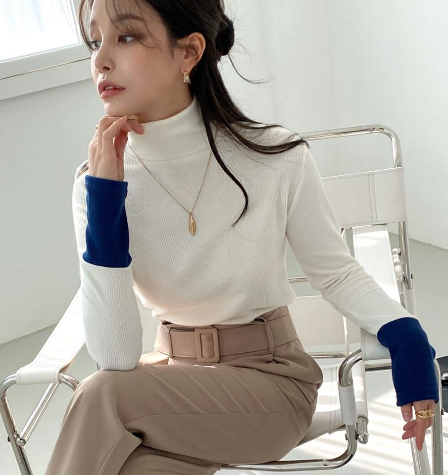 ハイネック配色カフスTシャツ・全3色・b00547 レディース 【tops】トップス 長袖 リブトップス ハイネック 配色 タートルネック バイカラー 大人 秋 冬 韓国ファッション ハイホリHIHOLLI
