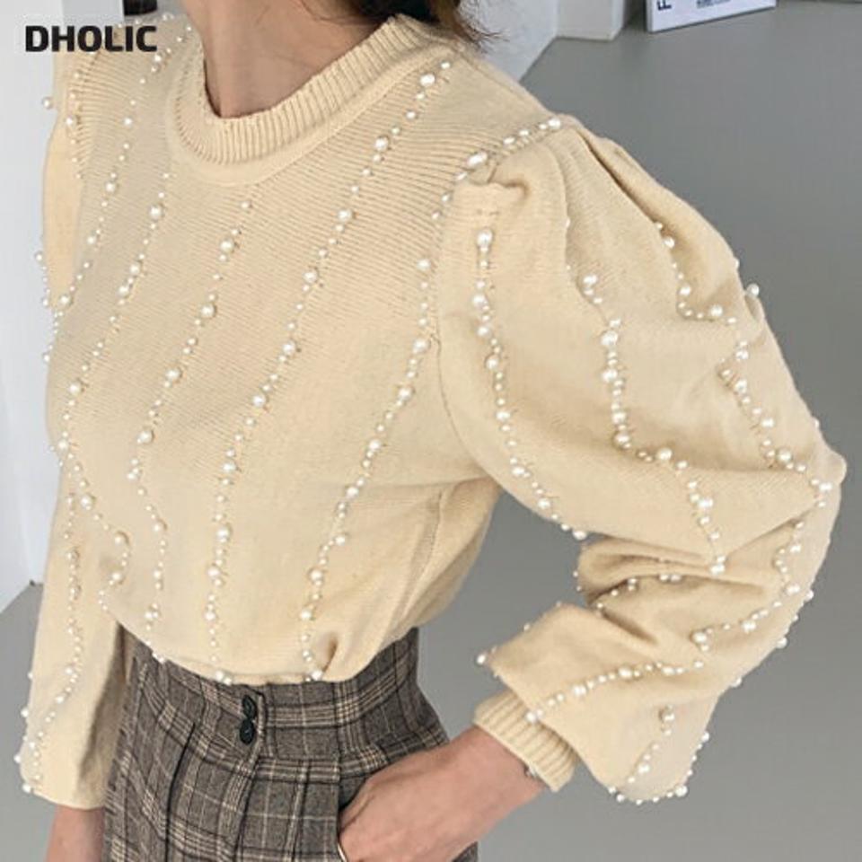 フェイクパールパフニット・全4色・b00546 レディース 【tops】トップス ニット ニットトップス 長袖 パール フェミニン パフ袖 パフスリーブ 可愛い かわいい 大人 ガーリー 秋 冬 韓国ファッション ハイホリHIHOLLI