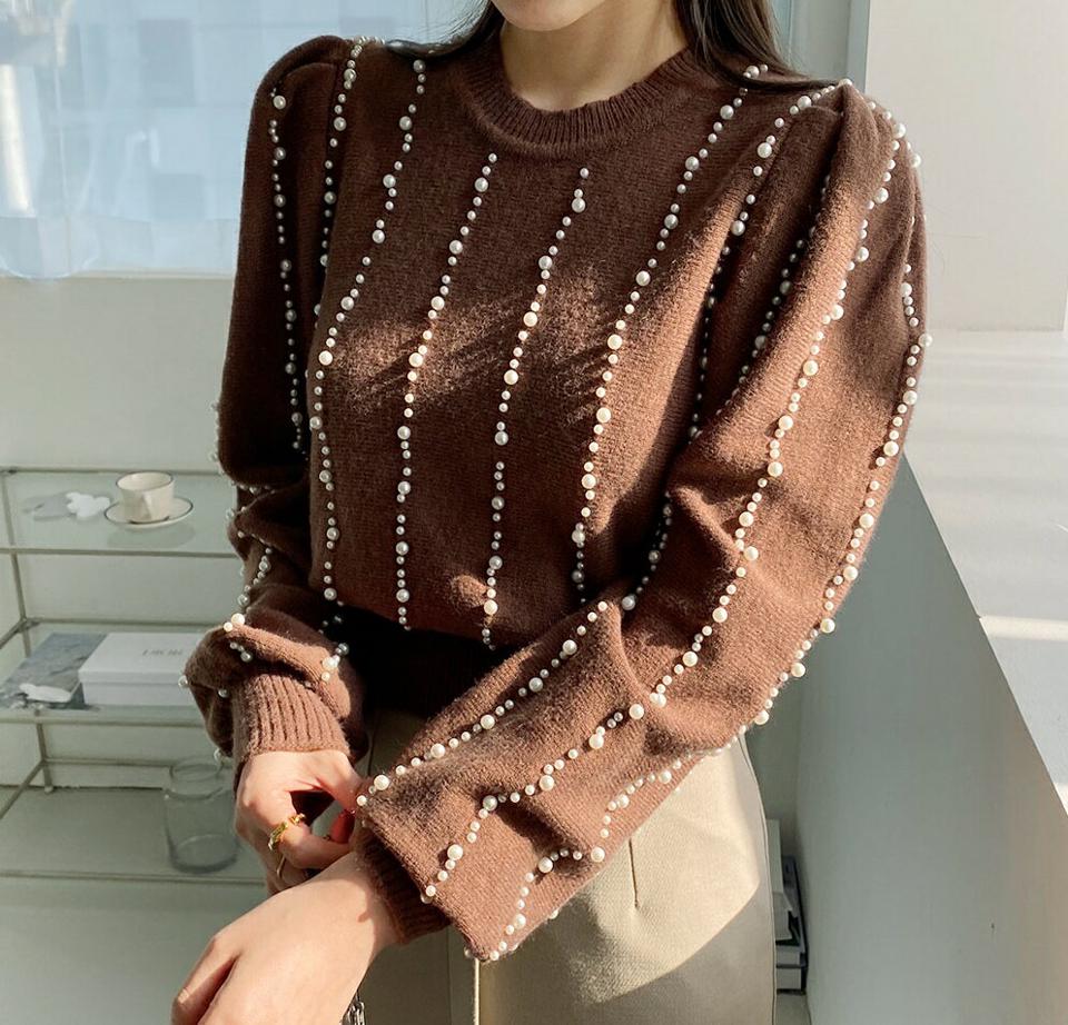 フェイクパールパフニット・全4色・b00546 レディース 【tops】トップス ニット ニットトップス 長袖 パール フェミニン パフ袖 パフスリーブ 可愛い かわいい 大人 ガーリー 秋 冬 韓国ファッション ハイホリHIHOLLI