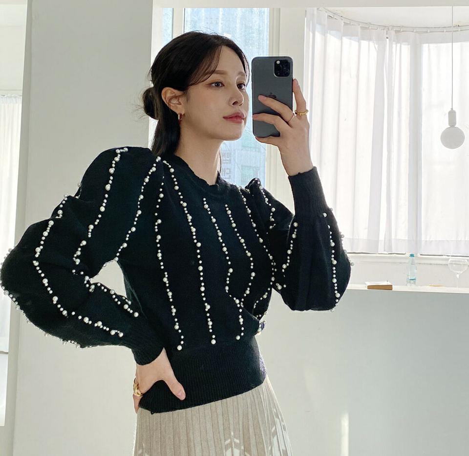 フェイクパールパフニット・全4色・b00546 レディース 【tops】トップス ニット ニットトップス 長袖 パール フェミニン パフ袖 パフスリーブ 可愛い かわいい 大人 ガーリー 秋 冬 韓国ファッション ハイホリHIHOLLI