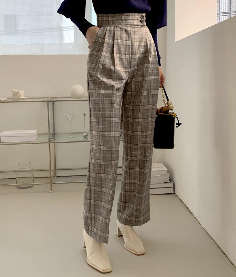 チェックツーボタンワイドパンツ・全2色・t00566 レディース 【pt】パンツ ズボン ロングパンツ 長ズボン チェック柄 グレンチェック 大人 ワイドパンツ 大人 シック 秋 冬 韓国ファッション ハイホリHIHOLLI