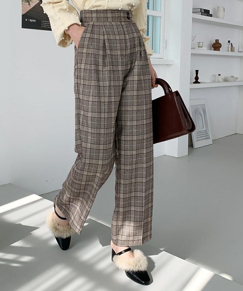 チェックツーボタンワイドパンツ・全2色・t00566 レディース 【pt】パンツ ズボン ロングパンツ 長ズボン チェック柄 グレンチェック 大人 ワイドパンツ 大人 シック 秋 冬 韓国ファッション ハイホリHIHOLLI