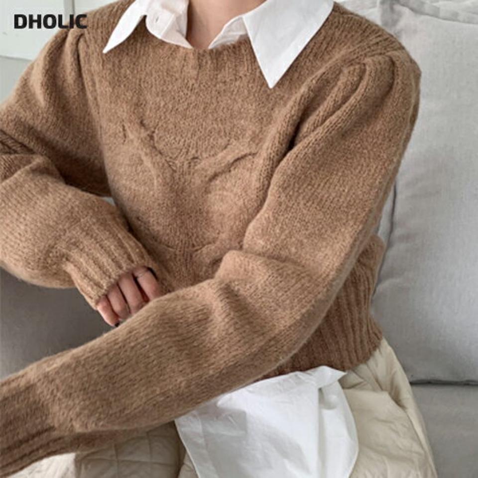 パフスリーブクロップドニット・全4色・b00551 レディース 【tops】トップス ニット 長袖 パフ袖 パフスリーブ クロップド丈 ニットトップス カジュアル 単色 シンプル 秋 冬 韓国ファッション ハイホリHIHOLLI