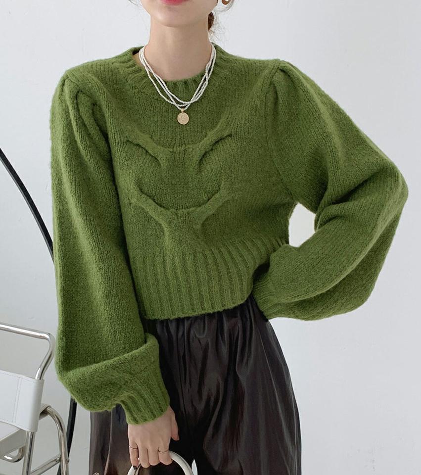 パフスリーブクロップドニット・全4色・b00551 レディース 【tops】トップス ニット 長袖 パフ袖 パフスリーブ クロップド丈 ニットトップス カジュアル 単色 シンプル 秋 冬 韓国ファッション ハイホリHIHOLLI