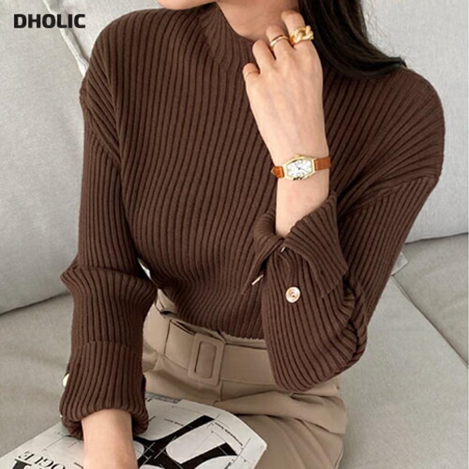 【クリアランスセール】ハーフネック袖ボタンニット・全3色・b00548 レディース 【tops】トップス ニット 年上 長袖 ボタン ハーフネック ニットトップス カジュアル リブ 大人 モックネック 秋 冬 韓国ファッション ハイホリHIHOLLI