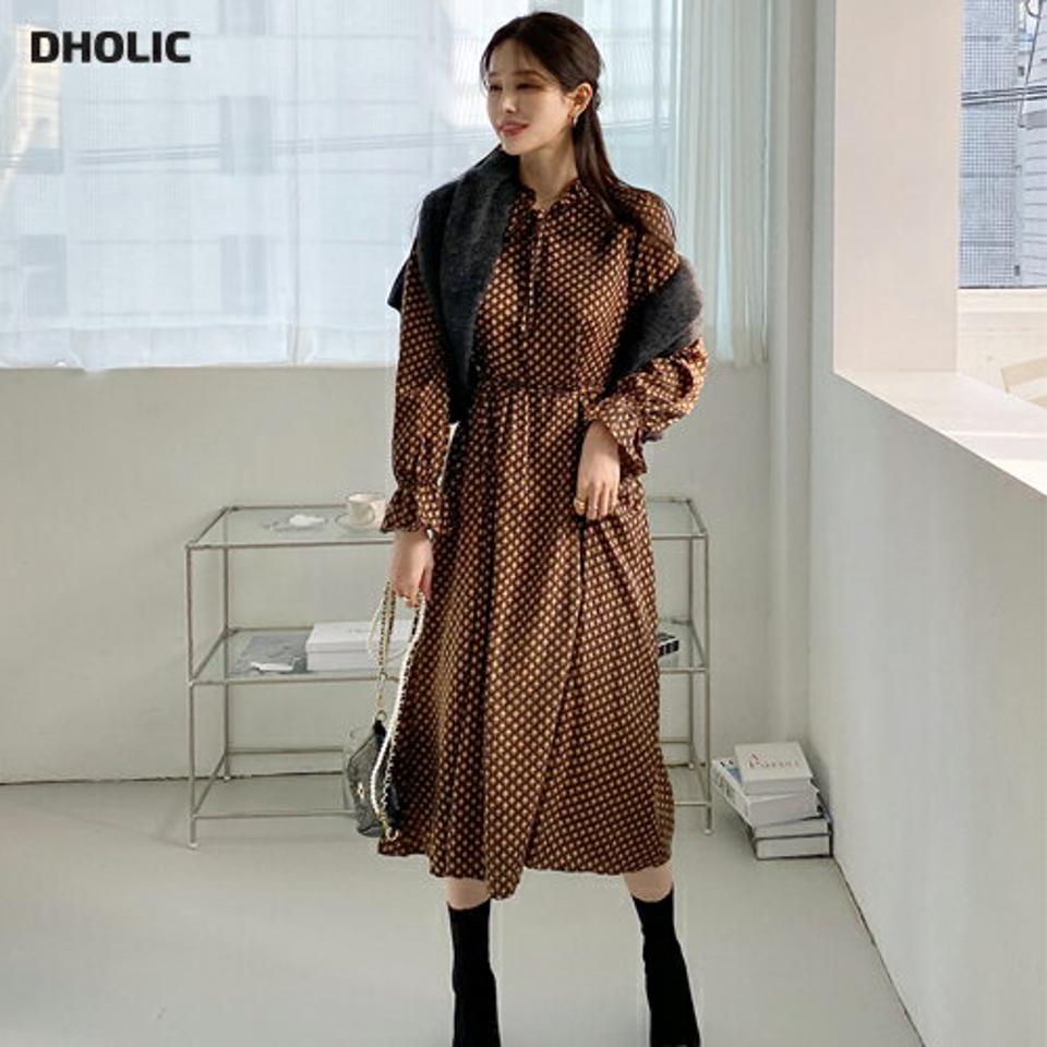ストラップ付エスニックワンピース・全2色・b00552 レディース 【ops】ワンピース ロング丈 ロングワンピース 長袖 エスニック柄 総柄 フリルネック カジュアル ストラップ フレア 大人 秋 冬 韓国ファッション ハイホリHIHOLLI