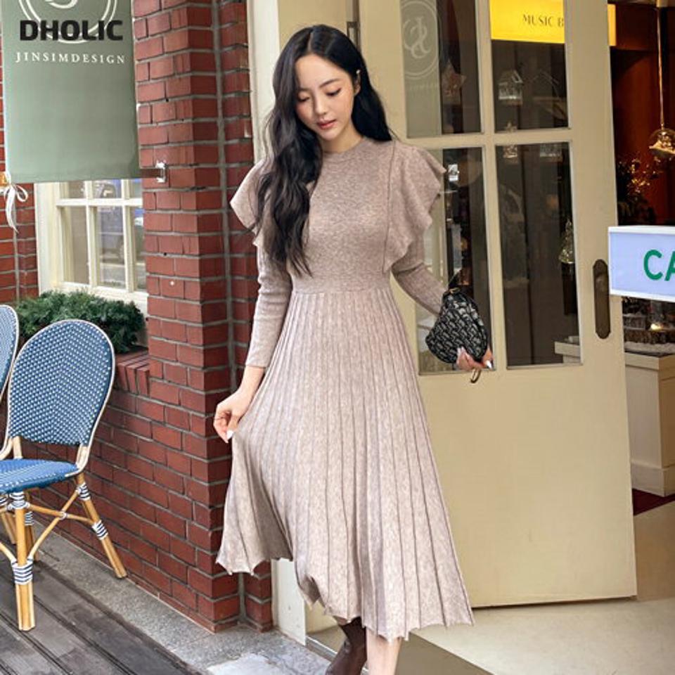 サイドラッフルニットワンピース・全2色・b58441 レディース 【ops】韓国ファッション ワンピース ロングワンピース 長袖 ラウンドネック ラッフル ニットワンピース ロング丈 リボン スリム 無地 シンプル フェミニン 体型カバー 秋 冬
