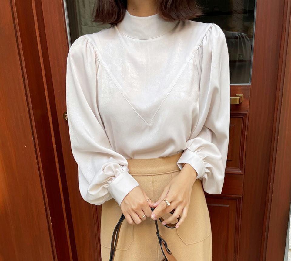 【マラソン特価】グロッシーハーフネックブラウス・全3色・b58434 レディース 【bl】韓国ファッション トップス ブラウス 長袖 ハーフネック グロッシー 光沢 大人 上品 無地 ベーシック シンプル フェミニン ガーリー カジュアル 秋 冬