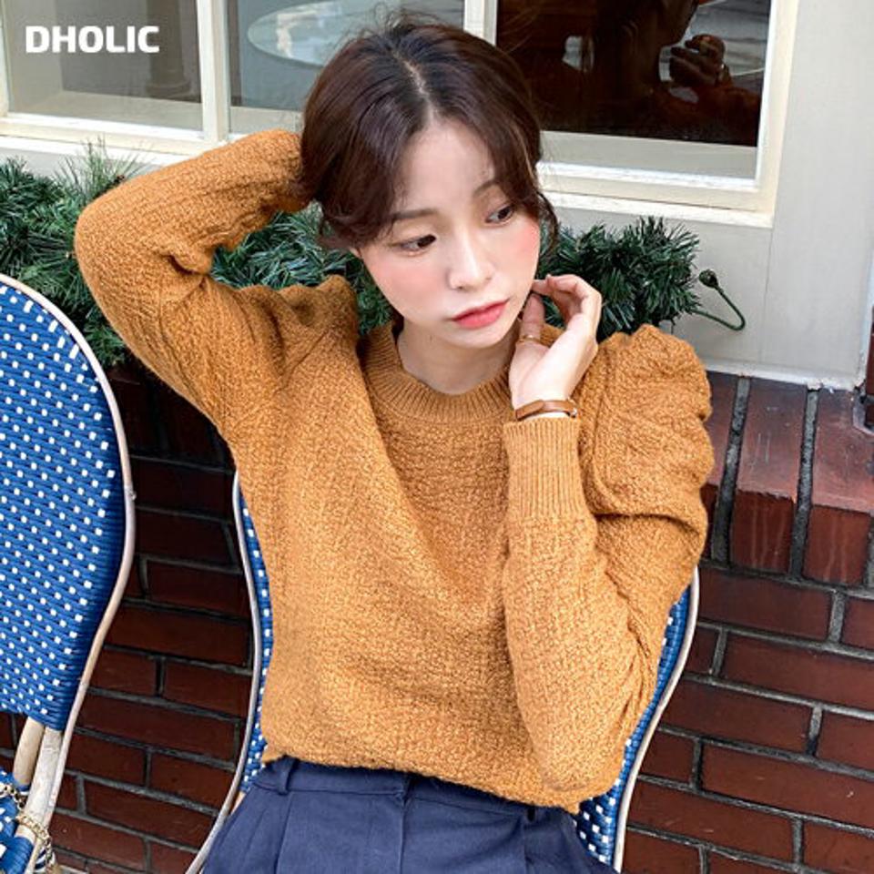 テクスチャーパフスリーブニット・全4色・b58430 レディース 【tops】韓国ファッション トップス ニット 年上 大人 長袖 ラウンドネック テクスチャー パフスリーブ カラーニット シンプル カジュアル フェミニン 上品 秋 冬