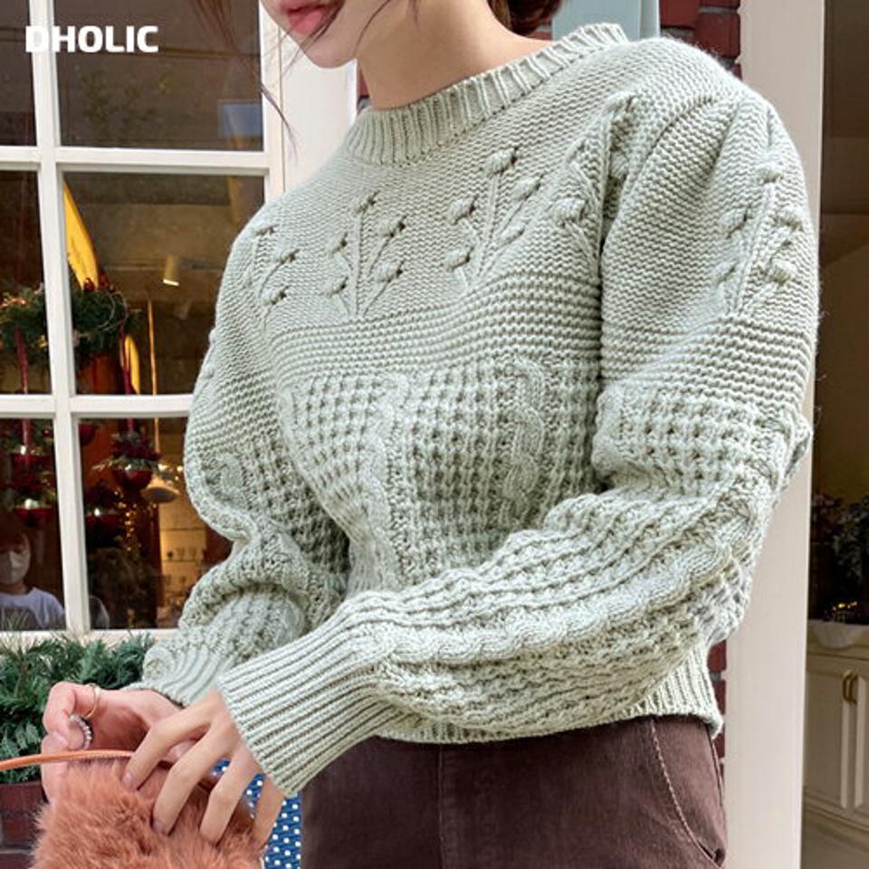 モヘア混パターン編みクロップドニット・全5色・t58437 レディース 【tops】韓国ファッション トップス ニット 大人 長袖 Vネック モヘア混 パターン編み クロップド丈 カラーニット シンプル ルーズ フェミニン 上品 秋 冬