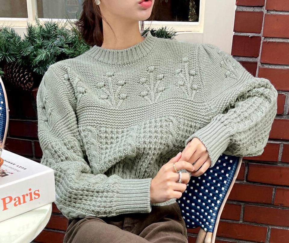 モヘア混パターン編みクロップドニット・全5色・t58437 レディース 【tops】韓国ファッション トップス ニット 大人 長袖 Vネック モヘア混 パターン編み クロップド丈 カラーニット シンプル ルーズ フェミニン 上品 秋 冬