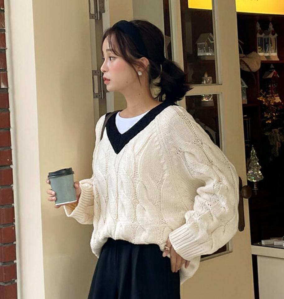 配色ケーブル編みニット・全4色・t58432 レディース 【tops】韓国ファッション トップス ニット 大人 長袖 年上 Vネック 配色 ケーブル編み シンプル カジュアル ルーズ 細身 フェミニン 上品 デイリー 秋 冬