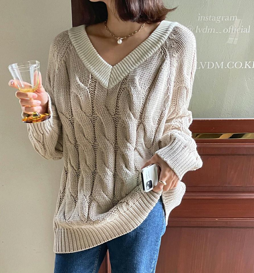配色ケーブル編みニット・全4色・t58432 レディース 【tops】韓国ファッション トップス ニット 大人 長袖 年上 Vネック 配色 ケーブル編み シンプル カジュアル ルーズ 細身 フェミニン 上品 デイリー 秋 冬