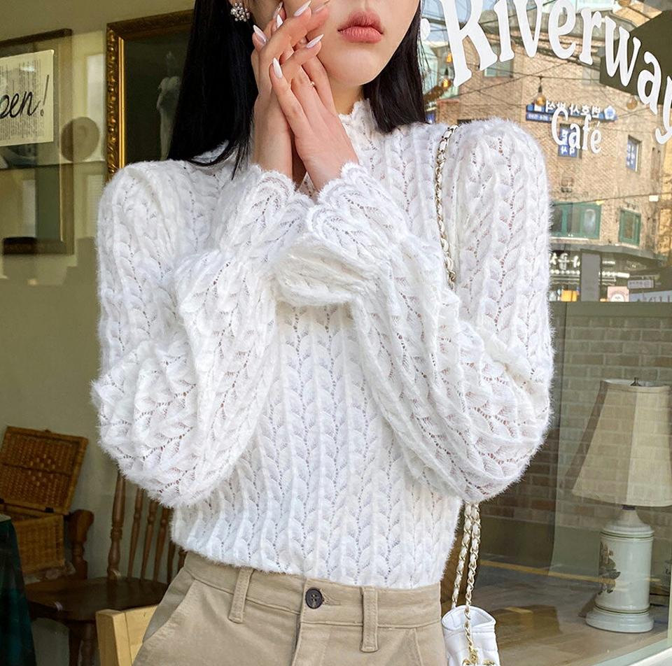 起毛レースブラウス・全3色・t66168 レディース 【bl】韓国ファッション トップス ブラウス 長袖 起毛 ハーフネック シースルー レース パーフスリーブ ギャザー フェミニン 体型カバー ガーリー カジュアル 秋 冬