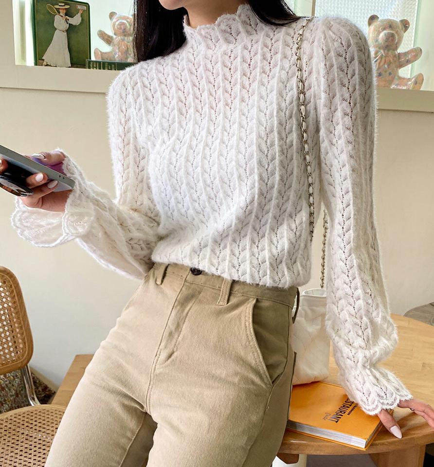 起毛レースブラウス・全3色・t66168 レディース 【bl】韓国ファッション トップス ブラウス 長袖 起毛 ハーフネック シースルー レース パーフスリーブ ギャザー フェミニン 体型カバー ガーリー カジュアル 秋 冬