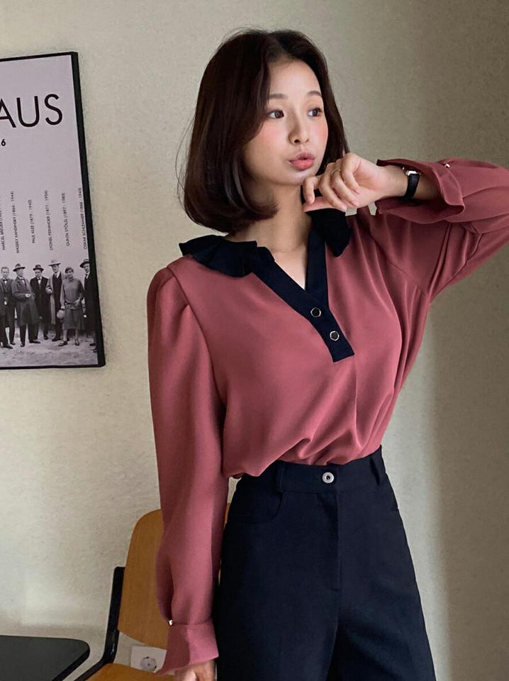 プリーツ配色カラーブラウス・全4色・t66169 レディース 【bl】韓国ファッション トップス ブラウス 長袖 カラーネック プリーツ カフス スリット フェミニン メリハリ ボタン ギャザー 配色 シンプル 体型カバー ガーリー カジュアル 秋 冬