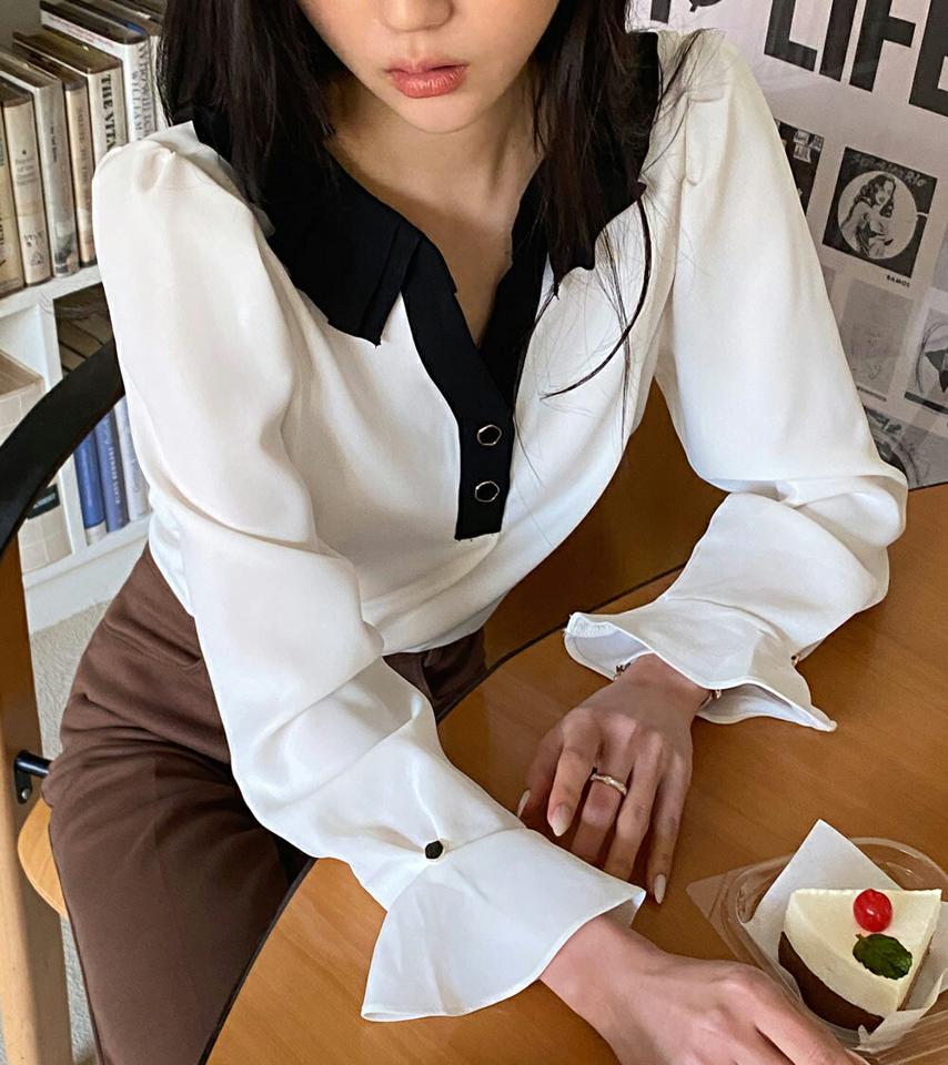 プリーツ配色カラーブラウス・全4色・t66169 レディース 【bl】韓国ファッション トップス ブラウス 長袖 カラーネック プリーツ カフス スリット フェミニン メリハリ ボタン ギャザー 配色 シンプル 体型カバー ガーリー カジュアル 秋 冬