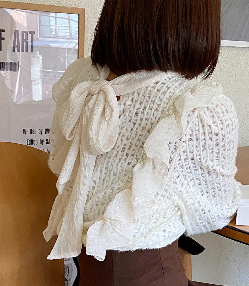 起毛2WAYレースブラウス・全2色・t66170 レディース 【bl】韓国ファッション トップス ブラウス 長袖 起毛 ストラップ リボン 2WAY シースルー レース 配色 フリル フェミニン 体型カバー ガーリー カジュアル 秋 冬