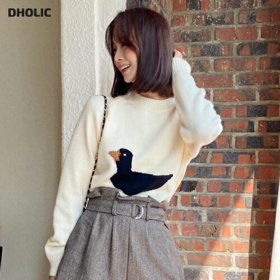 即日配送 アヒルロゴラウンドニット・全3色・t66172 レディース 【tops】韓国ファッション トップス ニット 大人 長袖 ラウンドネック アヒル ロゴ シンプル カジュアル ラグランスリーブ ルーズ フェミニン 上品 デイリー 秋 冬