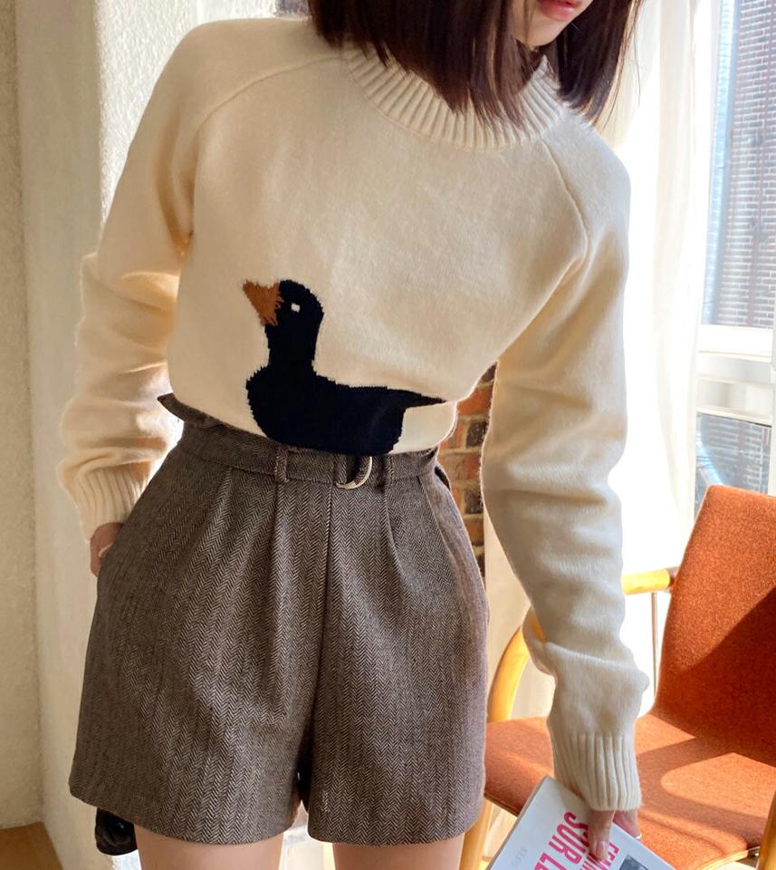 即日配送 アヒルロゴラウンドニット・全3色・t66172 レディース 【tops】韓国ファッション トップス ニット 大人 長袖 ラウンドネック アヒル ロゴ シンプル カジュアル ラグランスリーブ ルーズ フェミニン 上品 デイリー 秋 冬