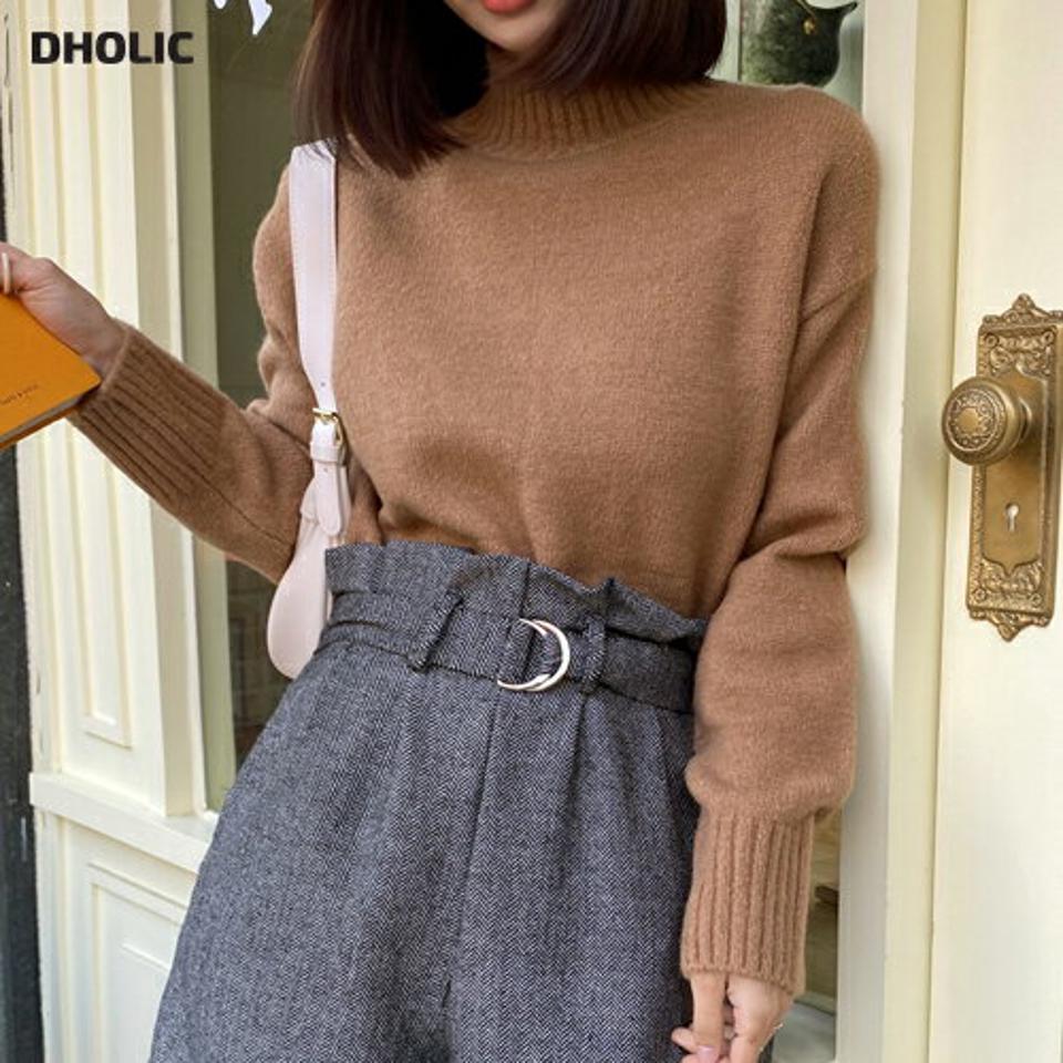 【只今10%OFF】ロールハーフネックニット・全5色・b66176 レディース 【tops】韓国ファッション トップス ニット 大人 長袖 ハーフネック ロールデザイン ユニーク カジュアル スリット 無地 シンプル ベーシック 体型カバー ルーズ フェミニン 秋 冬【ニットセール】