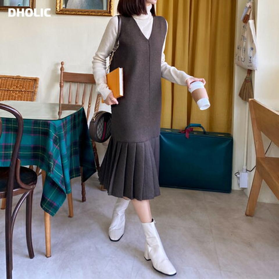 プリーツヘムノースリワンピース・全3色・t66184 レディース 【ops】韓国ファッション ワンピース ロングワンピース ノースリ Vネック プリーツヘム ウール混紡 ストレート 無地 シンプル ベーシック 体型カバー フェミニン 秋 冬