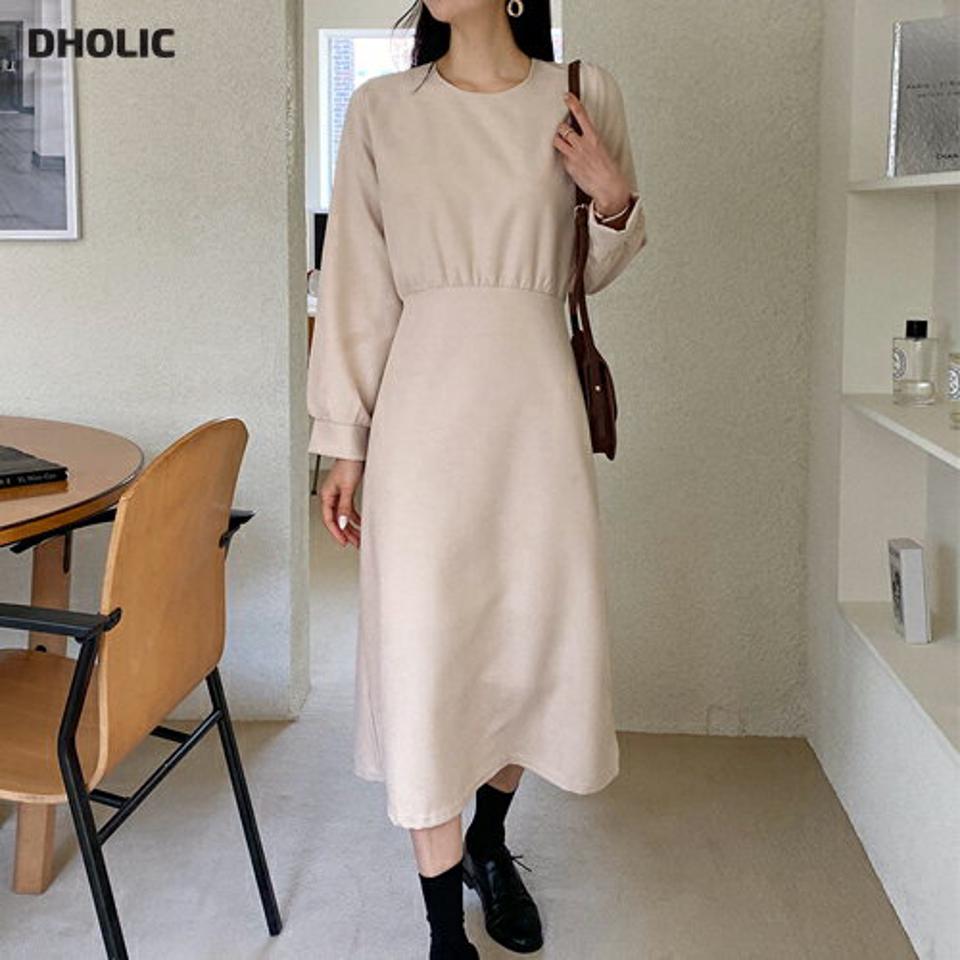 リボンギャザーワンピース・全4色・t66179 レディース 【ops】韓国ファッション ワンピース ロングワンピース 長袖 ラウンドネック ロング丈 スリム Aライン ギャザー リボン 無地 シンプル ベーシック フェミニン 秋 冬