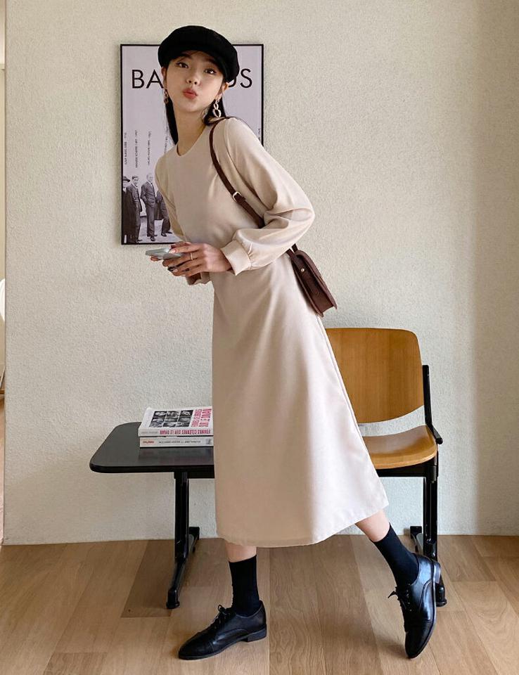 リボンギャザーワンピース・全4色・t66179 レディース 【ops】韓国ファッション ワンピース ロングワンピース 長袖 ラウンドネック ロング丈 スリム Aライン ギャザー リボン 無地 シンプル ベーシック フェミニン 秋 冬