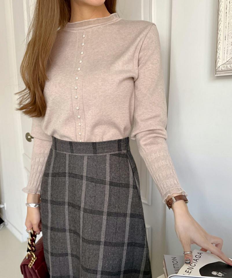 シアーラインフェイクパールニット・全2色・b70810 レディース 【tops】トップス ニット 長袖 パール フェミニン 上品 大人 シアーライン リブ ラウンドネック かわいい 秋 冬 韓国ファッション ハイホリHIHOLLI