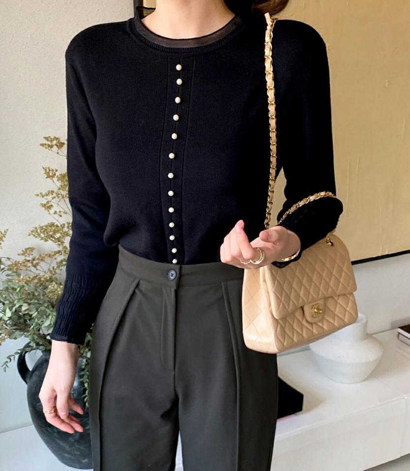 シアーラインフェイクパールニット・全2色・b70810 レディース 【tops】トップス ニット 長袖 パール フェミニン 上品 大人 シアーライン リブ ラウンドネック かわいい 秋 冬 韓国ファッション ハイホリHIHOLLI