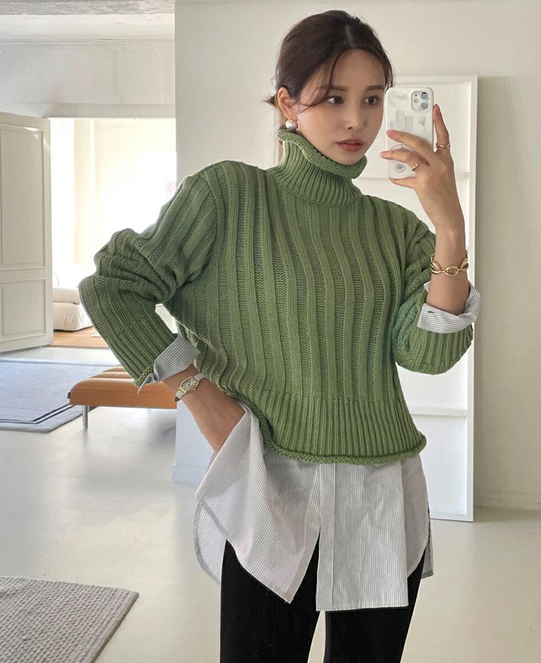 リブハイネッククロップドニット・全4色・t70816 レディース 【tops】トップス ニット 長袖 ハイネック タートルネック リブニット 単色 無地 シンプル カジュアル クロップド丈 短丈 カラーニット ロールヘム 秋 冬 韓国ファッション ハイホリHIHOLLI