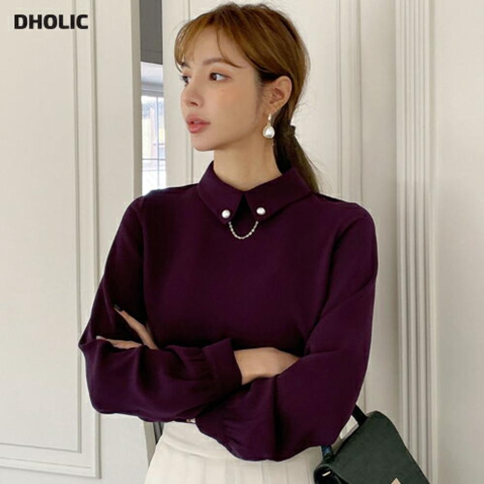 フェイクパールチェーン付カラーネックブラウス・全2色・t70820 レディース 【bl】トップス ブラウウ 長袖 チェーン パール 単色 無地 シンプル 上品 大人 フェミニン 秋 冬 韓国ファッション ハイホリHIHOLLI