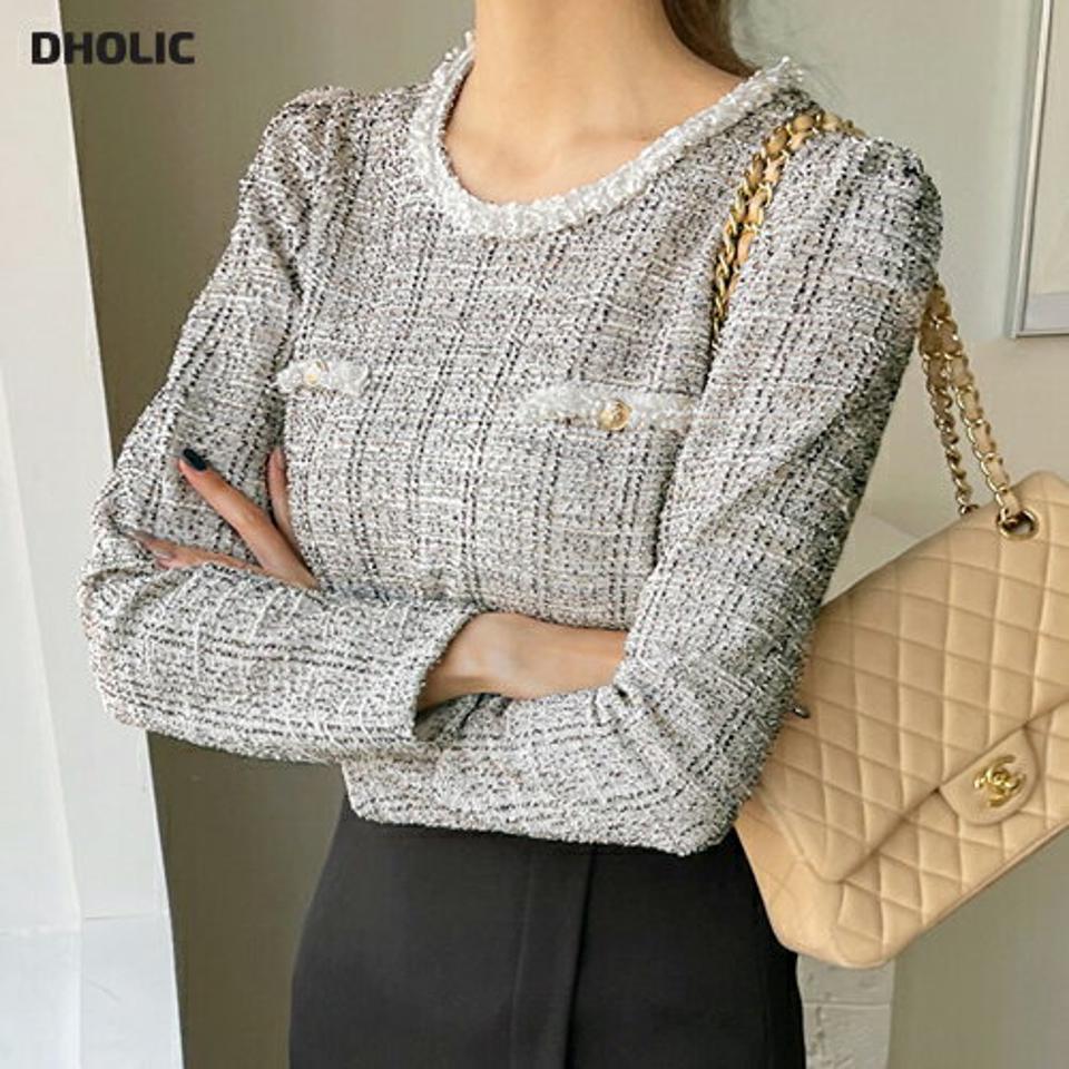 バストボタンツイードブラウス・全3色・t70822 レディース 【bl】トップス ブラウス 長袖 ツイード 上品 フェミニン 大人 高級感 フリンジ かわいい 秋 冬 韓国ファッション ハイホリHIHOLLI