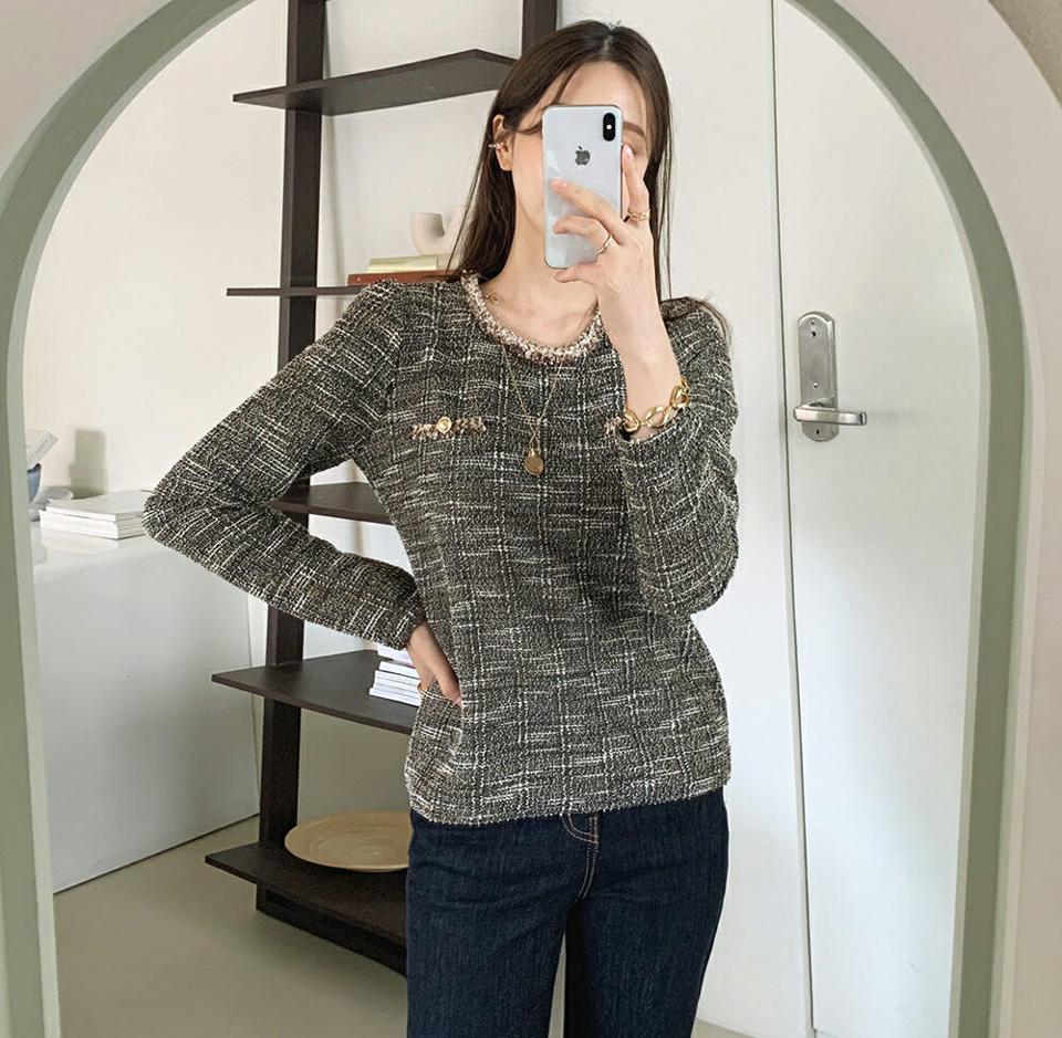 バストボタンツイードブラウス・全3色・t70822 レディース 【bl】トップス ブラウス 長袖 ツイード 上品 フェミニン 大人 高級感 フリンジ かわいい 秋 冬 韓国ファッション ハイホリHIHOLLI