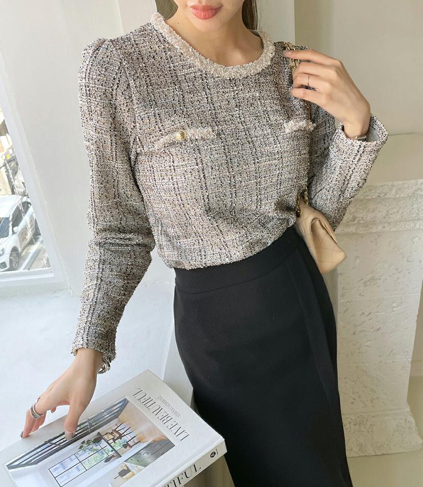 バストボタンツイードブラウス・全3色・t70822 レディース 【bl】トップス ブラウス 長袖 ツイード 上品 フェミニン 大人 高級感 フリンジ かわいい 秋 冬 韓国ファッション ハイホリHIHOLLI