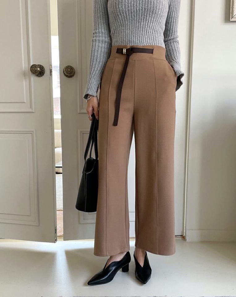 ベルトポイントパンツ・全2色・b70841 レディース 【pt】パンツ ズボン ロングパンツ 長ズボン ベルト 単色 無地 シンプル 大人 オフィスカジュアル きれいめ センターライン 秋 冬 韓国ファッション ハイホリHIHOLLI