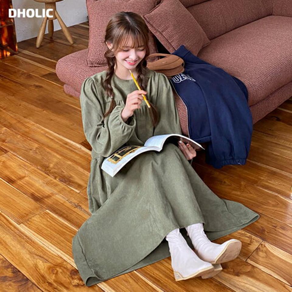 コーデュロイティアードワンピース・全3色・t01313 レディース 【ops】韓国ファッション ワンピース ロングワンピース 長袖 ラウンドネック コーデュロイ ティアード ワンマイルウェア ロング丈 無地 シンプル 体型カバー カジュアル 秋 冬 NIJU