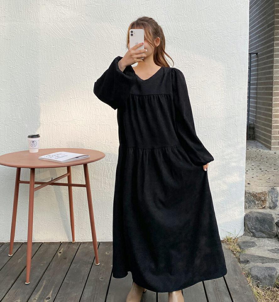 コーデュロイティアードワンピース・全3色・t01313 レディース 【ops】韓国ファッション ワンピース ロングワンピース 長袖 ラウンドネック コーデュロイ ティアード ワンマイルウェア ロング丈 無地 シンプル 体型カバー カジュアル 秋 冬 NIJU