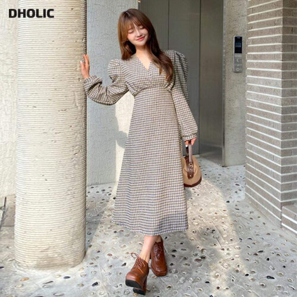 ハウンドトゥースカシュクールワンピース・全2色・t01310 レディース 【ops】韓国ファッション ワンピース ロング ロングワンピース 長袖 カシュクールネック ハウンドトゥース チェック ロング丈 シンプル 体型カバー カジュアル 秋 冬 NIJU