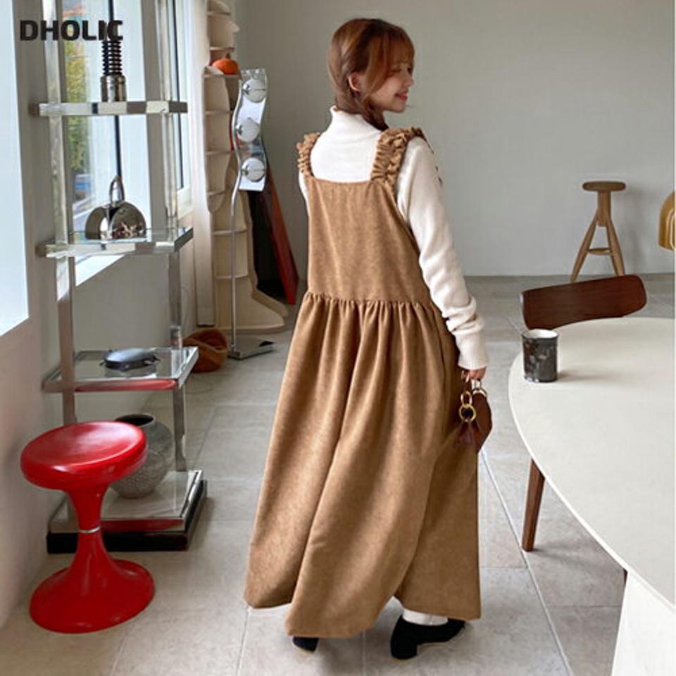 コーデュロイスリーブレスワンピース・全4色・b01308 レディース 【ops】韓国ファッション ワンピース ロングワンピース 長袖 スクエアネック コーデュロイ スリーブレス ロング丈 無地 シンプル カジュアル フェミニン 秋 冬 NIJU